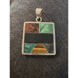 VINTAGE INLAY HEAVY STERLING SILVER 925 PENDANT Mexico Onyx Malachite #420